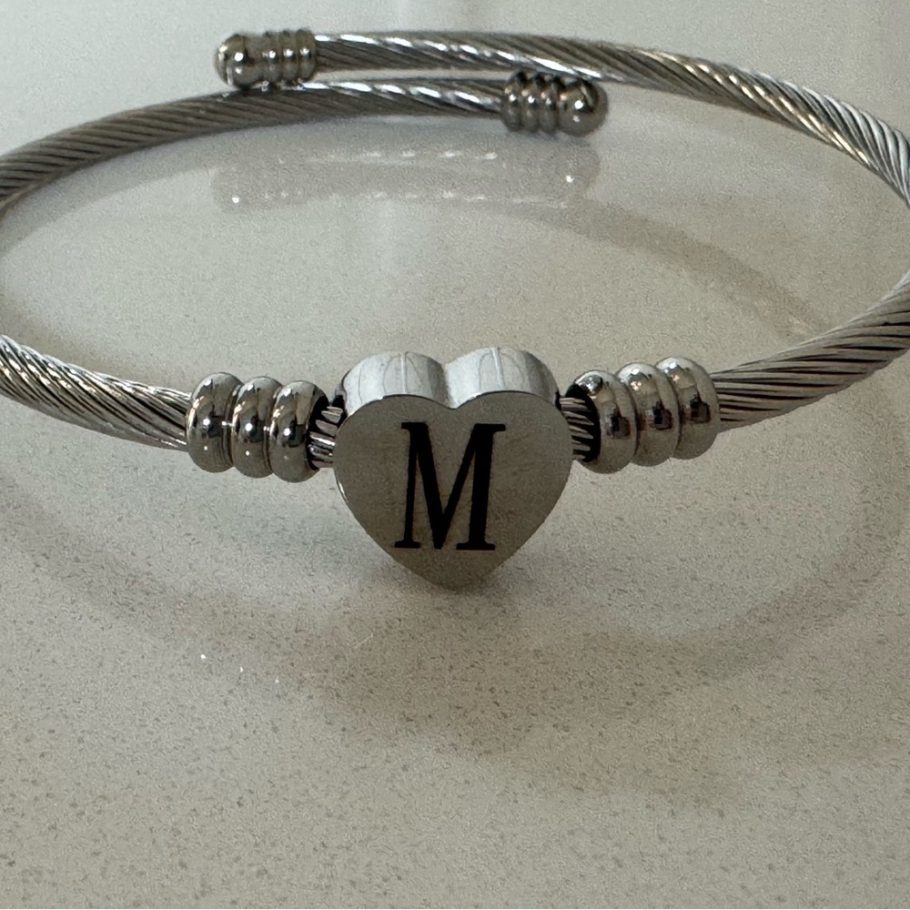 Silver Heart Initial Bracelet with Letter “M” and Rope style New!